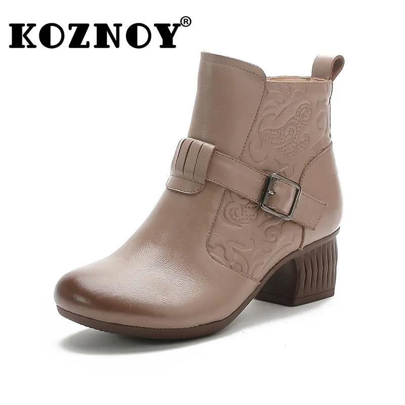 

Koznoy 5cm Embossed Genuine Leather High Heels Soft Soled Autunm Spring Ankle Barrel Boots Women Pumps Femals Rubber Girls Shoes