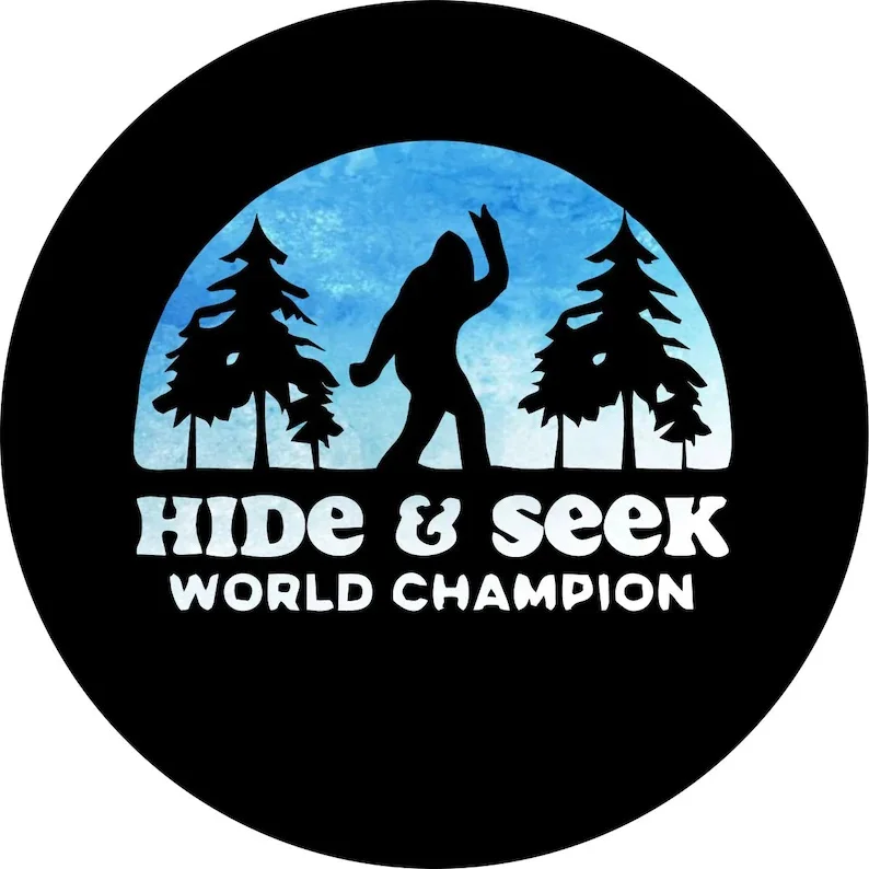 

Bigfoot/Sasquatch Hide and Seek World Champion (moon) Spare Tire Cover for any Vehicle, Make, Model, Size - Jeep, RV,