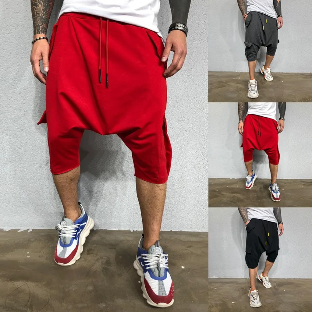 

Men's Harem Loose Slim Fit Solid Color Causal Pocket Calf- Length Pants