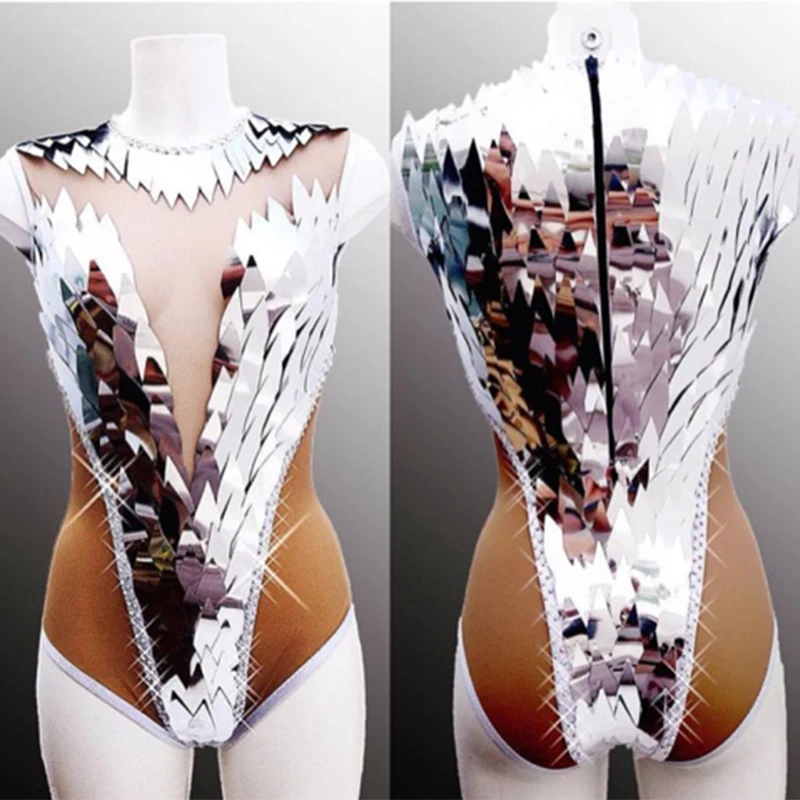 

Silver Mirror Sequins Jumpsuit Female Nightclub Bar Pole Dance Costume Drag Queen Bodysuit Singer Stage Performance Wear