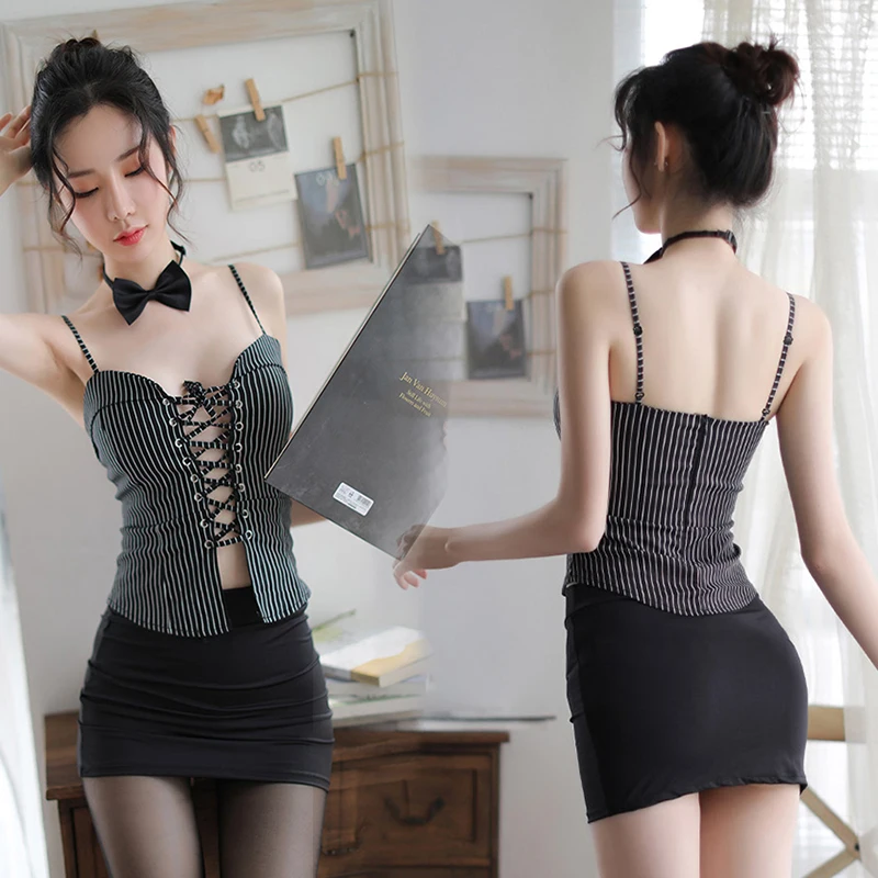 

Women Sexy Secretary Uniform Black Bundled Top Package Hip Skirt Office Erotic Costumes Cosplay Teacher Uniform Nightwear Dress