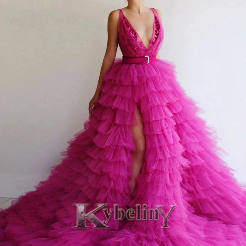 

Kybeliny Fuchsia Tiered Evening Dresses Slit Deep-V NoBelt Prom Robe De Soiree Graduation Celebrity Vestidos Fiesta Women Formal