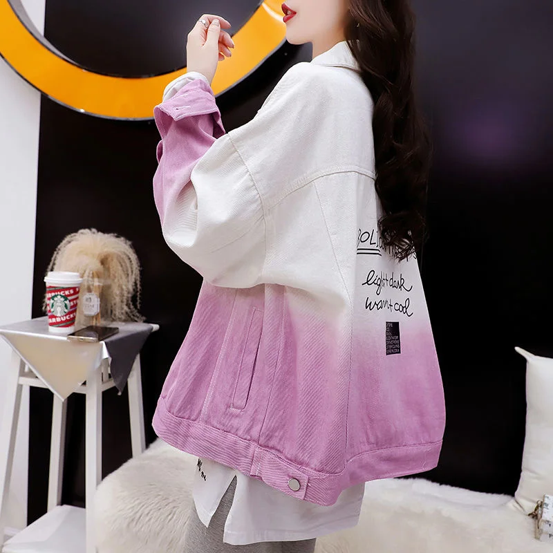 

Denim Jacket Women Color Contrast Gradual Tie Dyed Autumn 2022 Korean Loose Design Top Vintage Letter Print Fashion Cowboy Coat