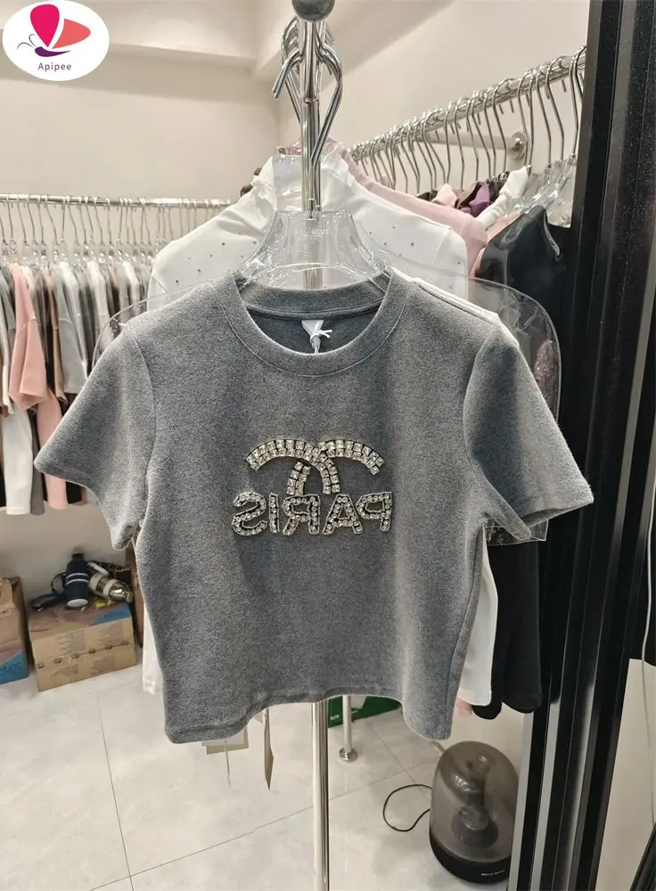 

Утолщенная футболка с коротким рукавом для женщин, новинка весны 2023, приталенный кроп-топ с высокой талией для девушек с принтом специй, базовые футболки с бусинами и надписями