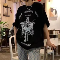 womens t shirt grunge streetwear tops aesthetic gothic skeleton print t shirt unisex short sleeve graphic tee oversized t shirt