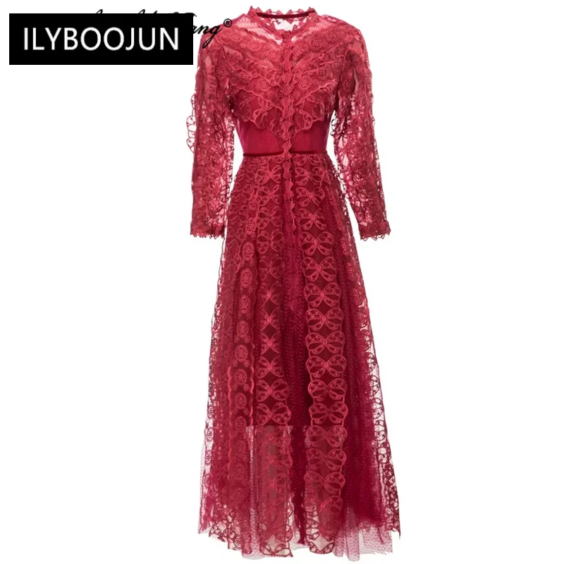 

Dresses For Women 2023 Elegant High Quality Luxury Spring Long O-Neck Long Sleeve Mesh Embroidery Vintage Party Solid Dress