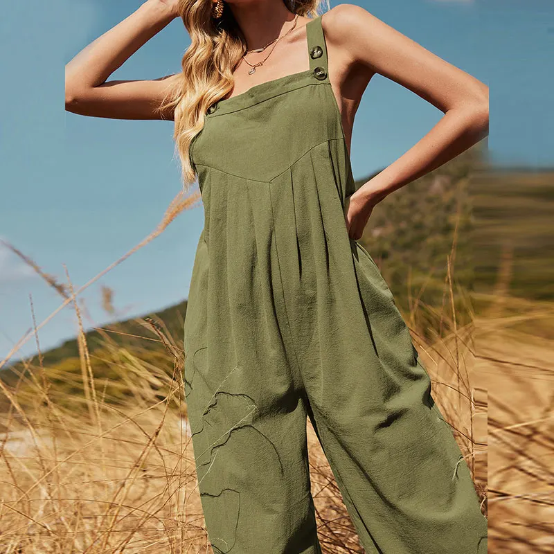 Women Splicing Pleated Ladies Cotton Loose Romper Sling Sleeveless Wide-Leg Straight Trousers Jumpsuits Summer Holiday Jumpsuit