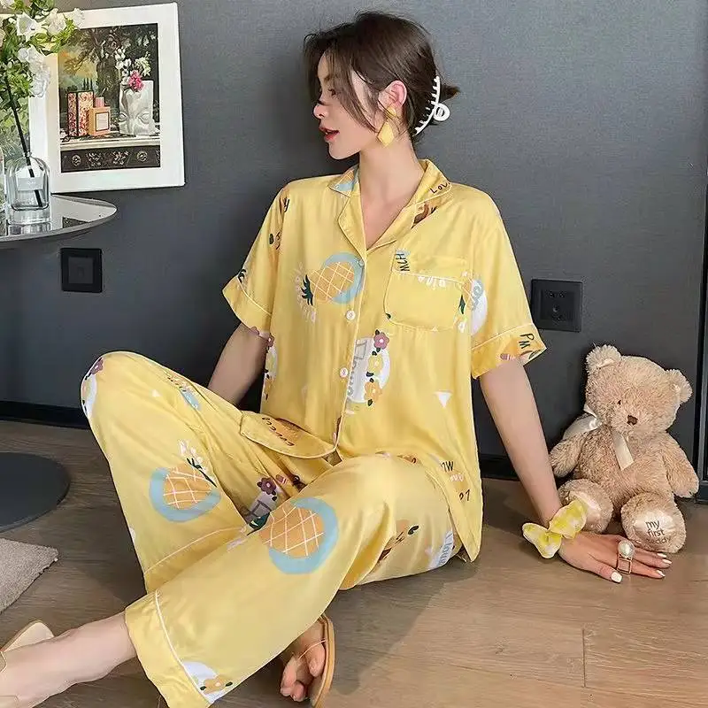 2022 New Flower Pajamas Women's Casual Loose Short Sleeved Trousers Cardigan Home Clothes Lady Sleepwear Female Nightwear