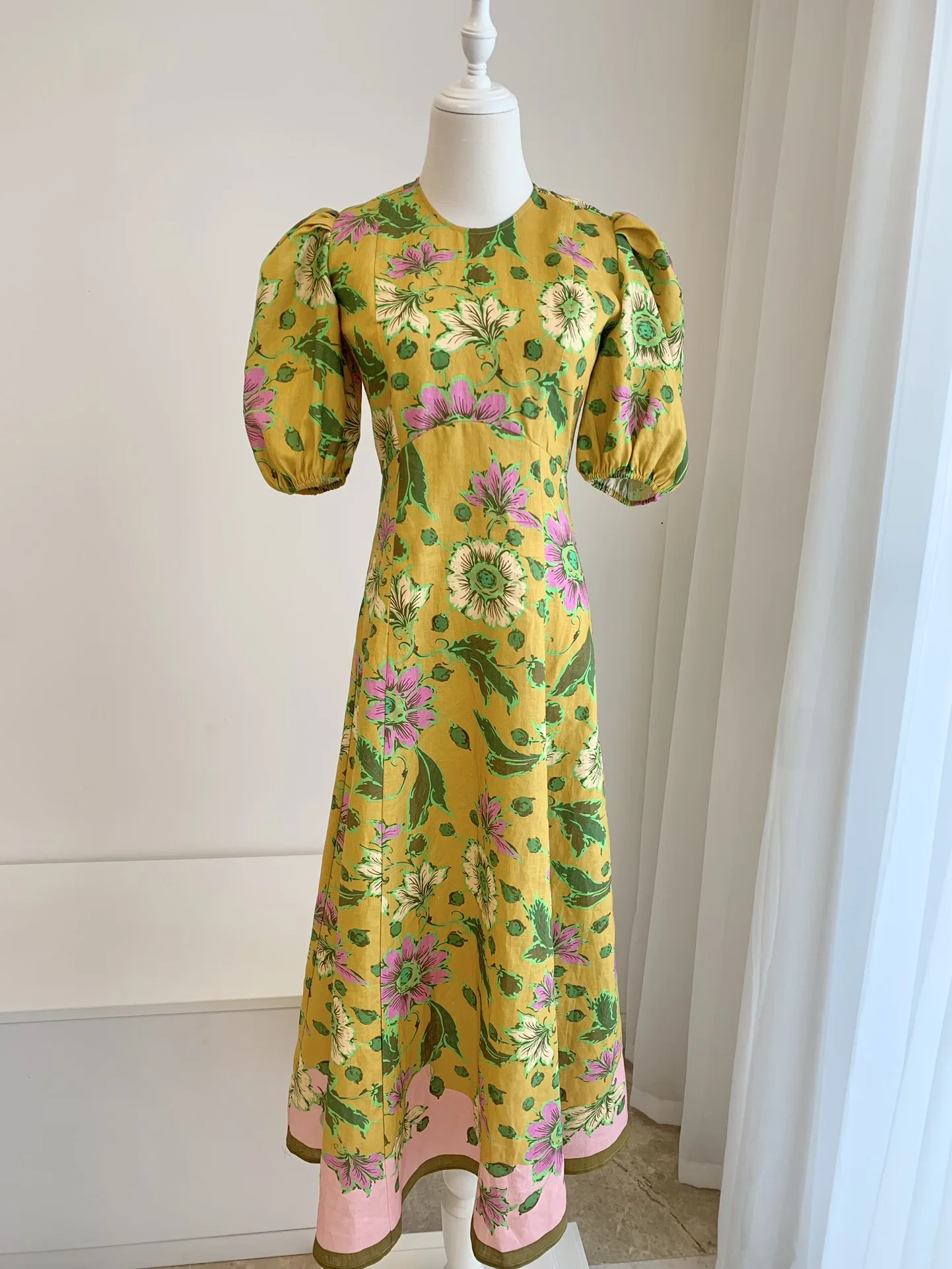 Women Midi Robe Flower Print O-Neck Lantern Short Sleeve Loose Fit Dress Linen Vintage