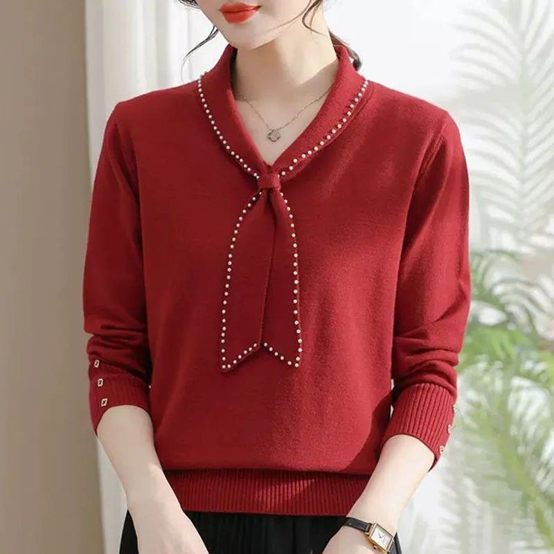 

New Autumn Fashion Fashionable Ribbon Beaded Solid Color Versatile Loose Fit Slim Reducing Age Mom's Long Sleeve Knitted Top