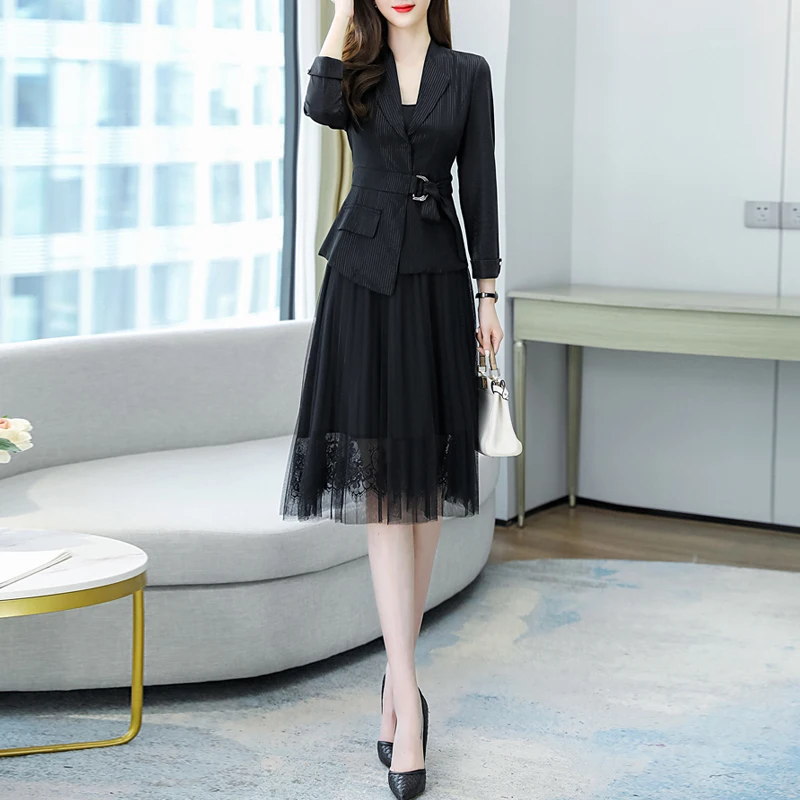 

Two Piece Dress Set Women Spring Summer Small Blazer and Sleeveless Knee-Length Camisole Spaghetti Strap gauze Dresses Suits