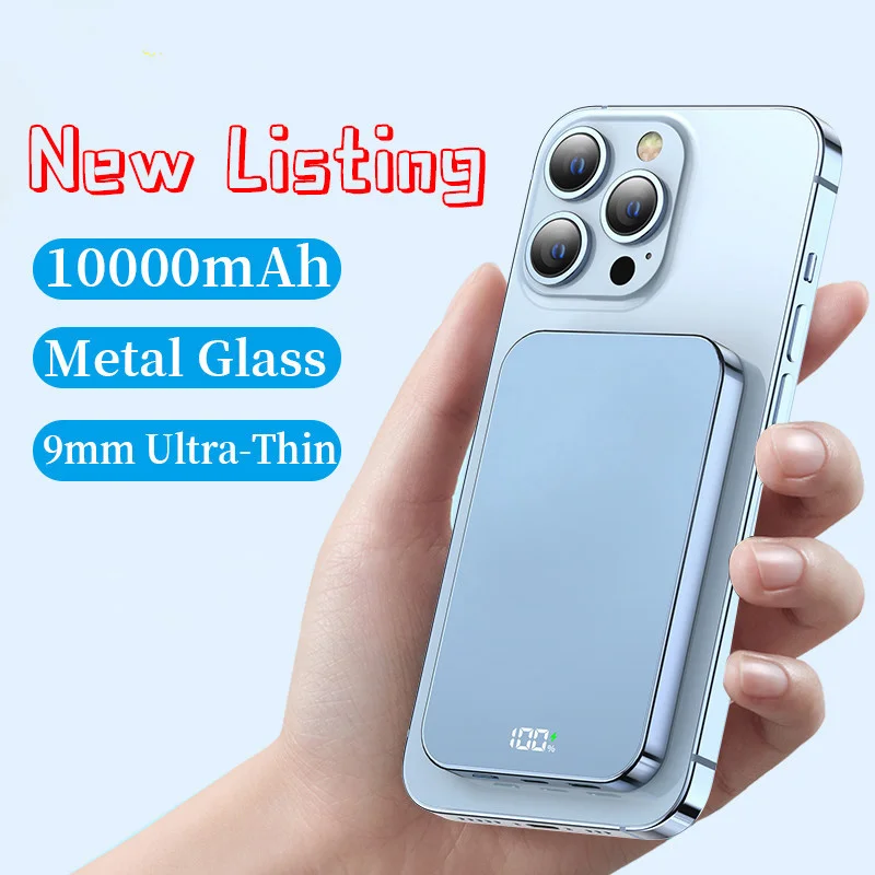 10000mAh Magnetic Wireless Power Bank Metal Frame Glass Back PD 20W Qi 15W For iPhone12 13 Portable External Battery Powerbank