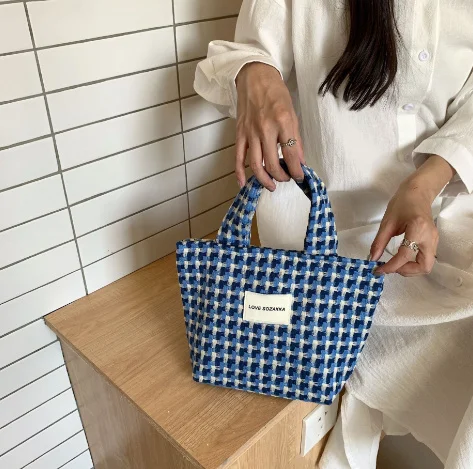 

Refreshing Royal Blue Vegetable Basket Bag Fashion Plaid Handbag Woven Bag