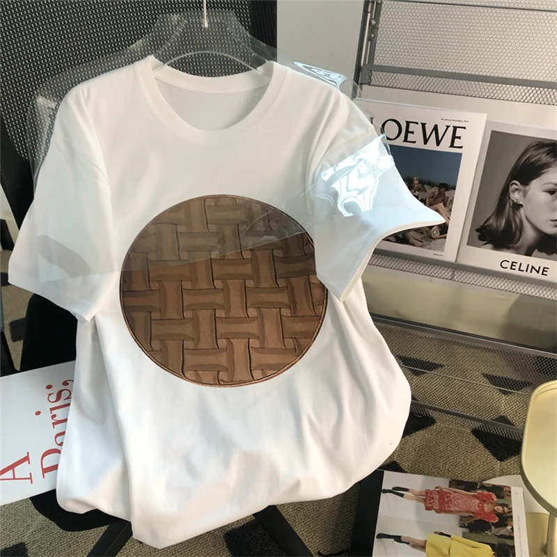 

T-shirt Women Circular Pattern Hot Sale Loose Casual Fashion Basic Tops Korean Style Streetwear Popular 100% Cotton High Quality
