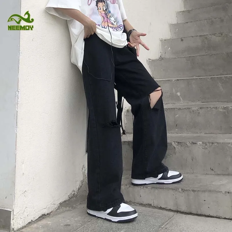 Neemoy 2022 New High Street Ripped Hole Jeans Oversize Men Fashion Loose Streetwear Straight Trouser Black Wide Leg Pants