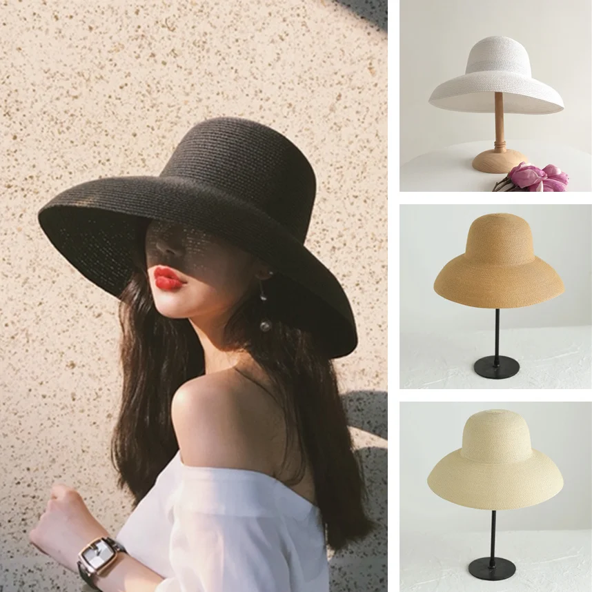 

Шляпа женская Соломенная с большими полями, стильная шапка в стиле Хепберн для девушек, для пляжа, путешествий, праздника, однотонная, с защитой от солнца, летняя