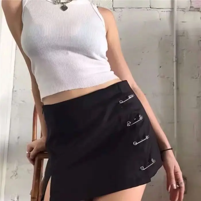 

Streetwear Mini Skirt Women Side split brooch High Waist Side Zipper Short Sexy Female A-Line Slim Hip Skirts Ropa Mujer Faldas