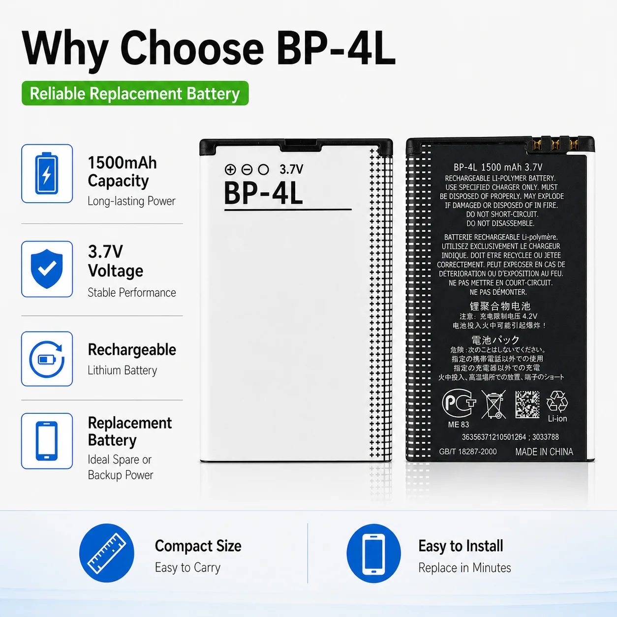 Фото Аккумуляторная батарея BP4L 1500 мАч для телефонов Nokia E71, E52, E63, E61i, N810, 6650F, N97, E95, E72, E55, E90, 6760s №4