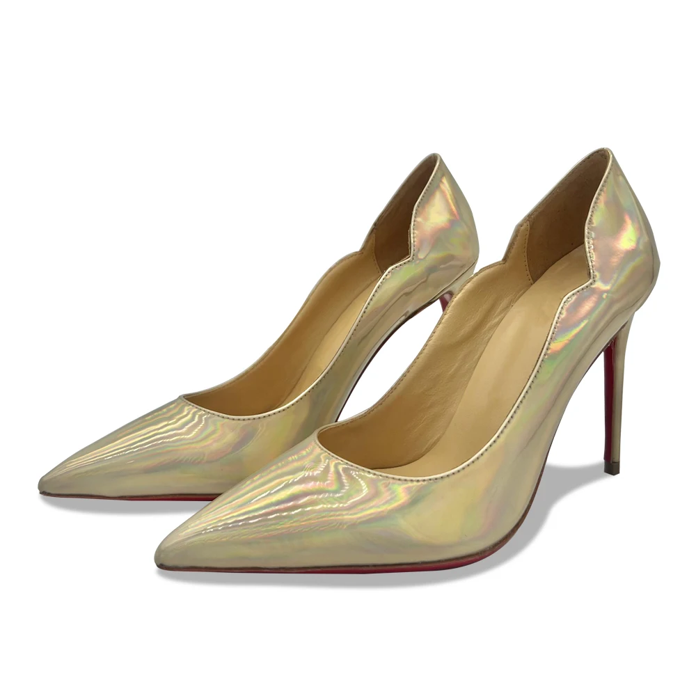 

Luxury Designer Red Bottom Woman Pointed Toe Pumps Gold Patent Leather Stilettos Shoes Sheepskin Lining Neon Shoes Banquet
