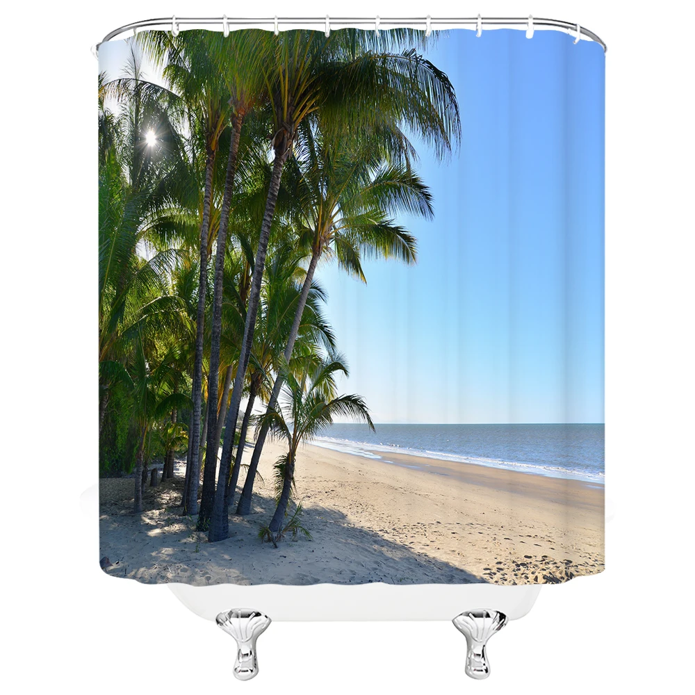 

Tropical Ocean Shower Curtain Beach Hawaii Seaside Nature Landscape Palm Tree Bathroom Decor Curtain Set Waterproof Fabric