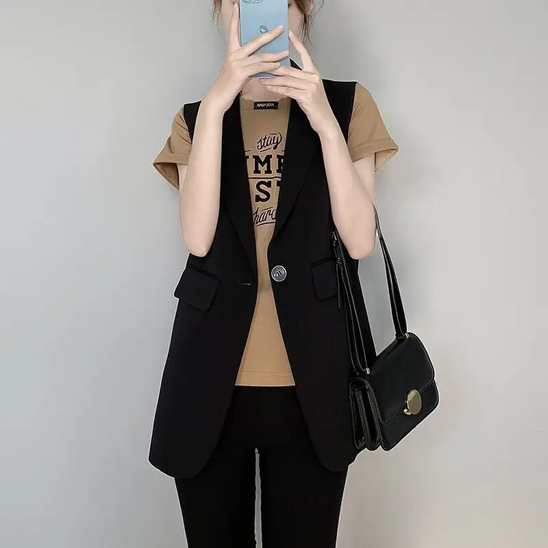 

Women Solid Color Pocket Waistcoat 2023 Office Lady Long Casual Vest Female Elegant Slim Sleeveless Lapel Collar Outerwear M605