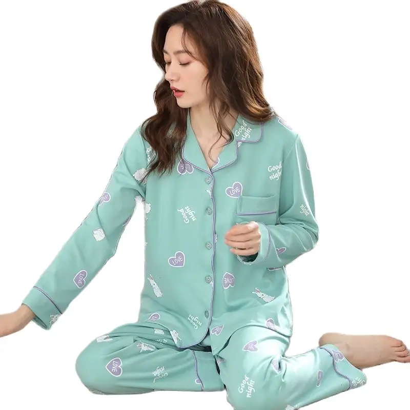 

Весенняя хлопковая женская пижама с длинным рукавом и отложным воротником