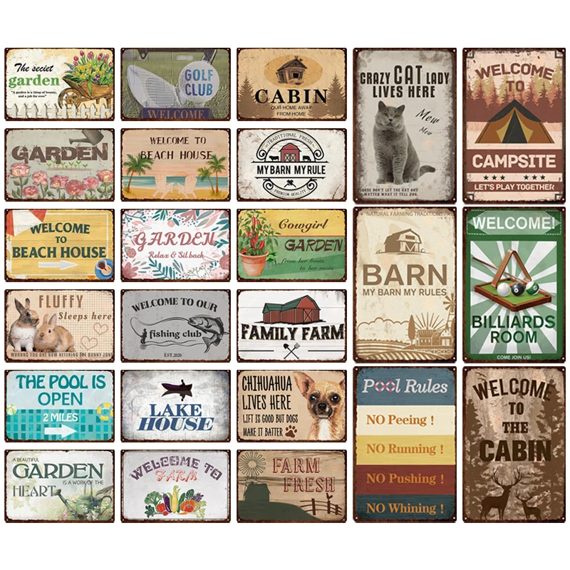 

Welcome Tin Sign Garden Farmhouse Funny Signs Vintage Metal Beach Poster Cat Dog Painting Wall Decor For Bar Home Tin Plaques