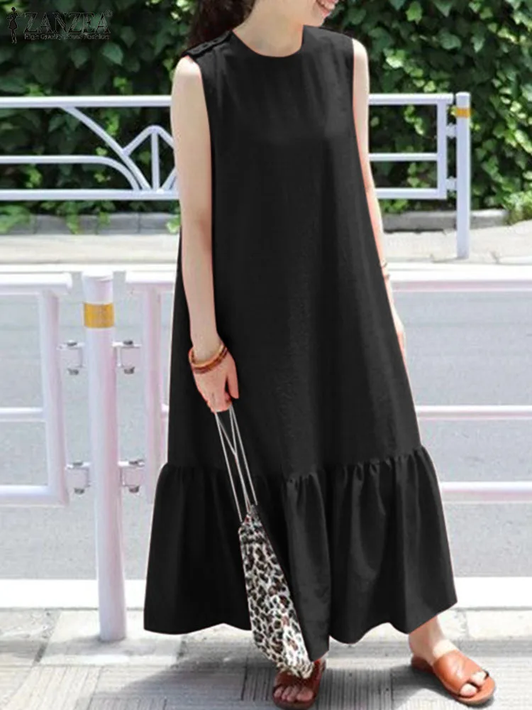 

Платье ZANZEA женское с круглым вырезом, праздничный модный длинный сарафан без рукавов, в Корейском стиле, с оборками на подоле, лето