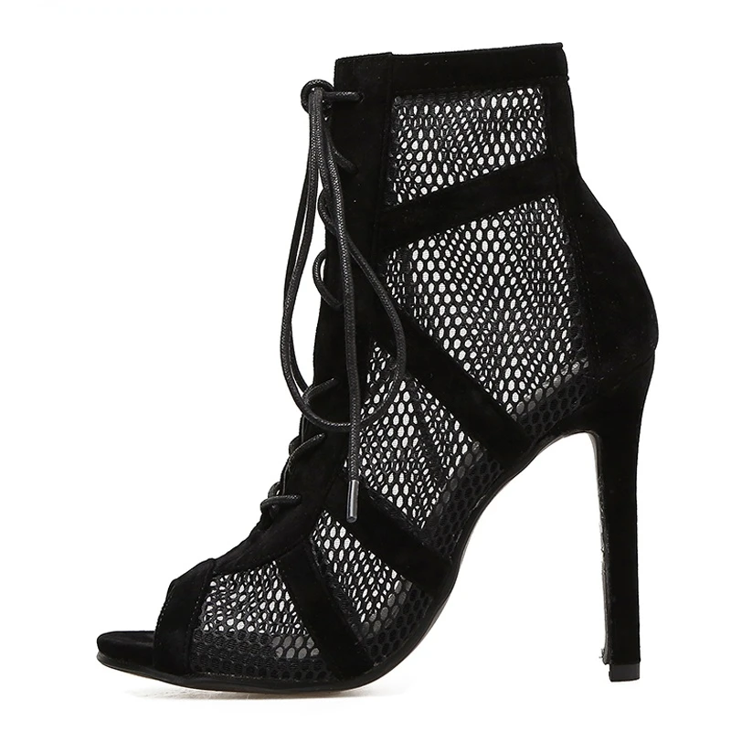 

Women High Heels Pumps 2022 Fashion Basic Sandals Boots Sexy Hollow Out Mesh Lace-Up Cross-tied Boots Party Shoes Party