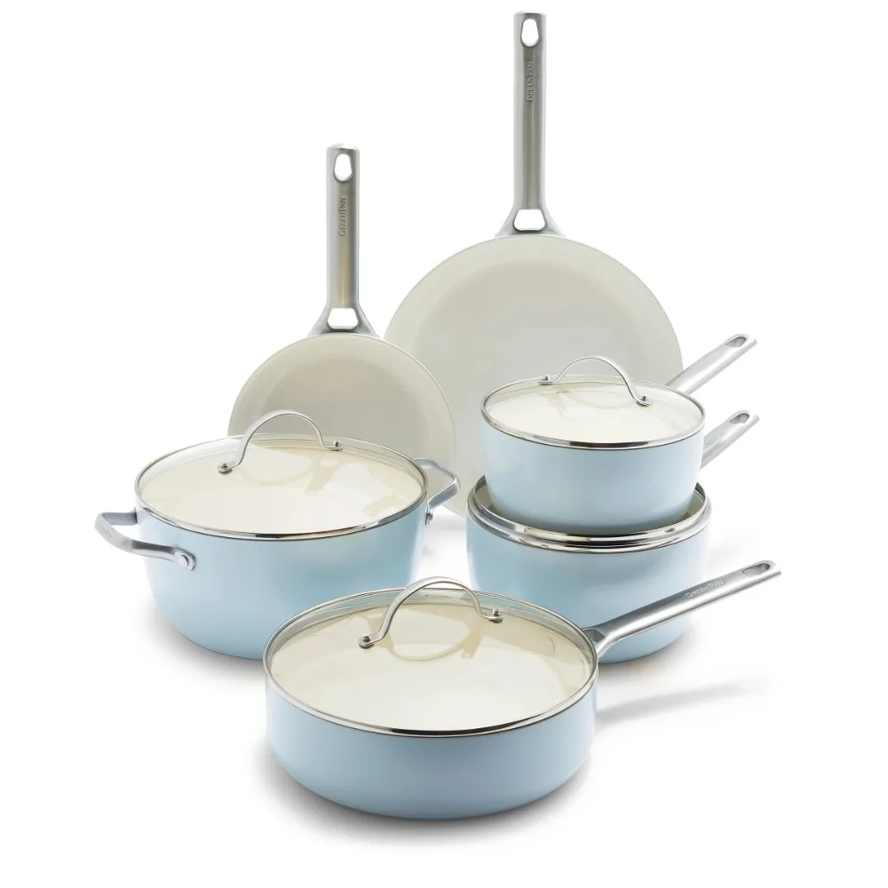 

Padova Healthy Ceramic Non-Stick 10-Piece Cookware Set, Light Blue Pots and Pans Set Kitchen