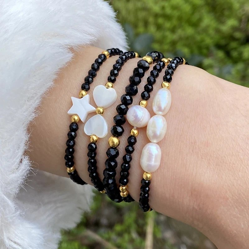 Модный браслет с подвесками в виде сердца, ракушки, звезды, женский браслет с натуральным жемчугом, браслет с черной шпинелью и маленькими бусинами, Женские Ювелирные изделия, дружба