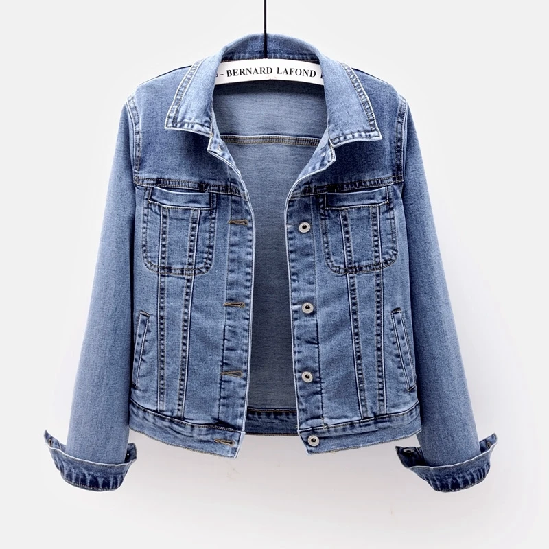 

Vintage Blue Elastic Slim Short Denim Jacket Women Cowboy Outerwear Autumn Korean Pocket Long Sleeve Jeans Jacket Coat Female