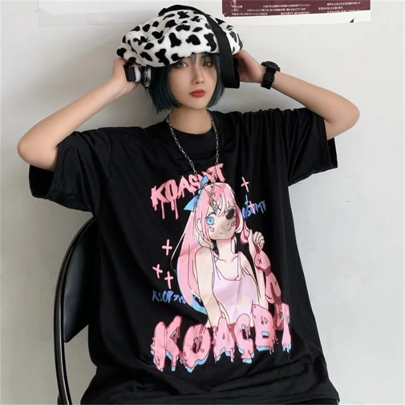 

Japanese Harajuku Short Sleeved T-shirt Women's Summer Anime Cartoon Print Oversize Casual Tshirts Versatile Long Loose Top