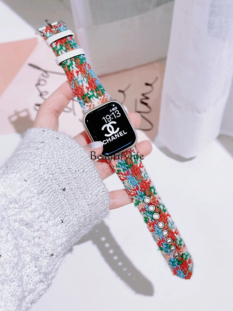 Часы S9 толстая игла шерстяной ремешок Iwatch9 поколение Watch8 клетчатая деревянная