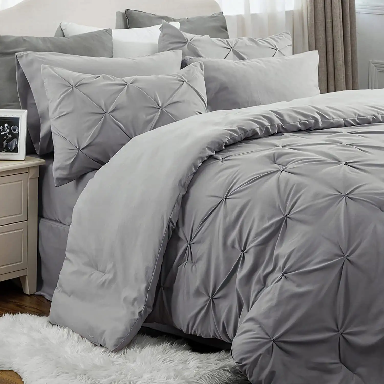 

Bedsure Queen Comforter Set 7 Pieces - Pintuck Queen Bed Set, Bed in A Bag Grey Queen Size with Comforters, Sheets, Pillo