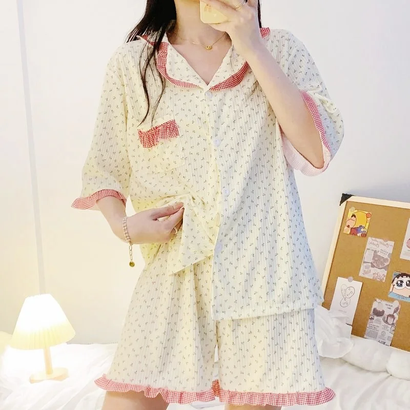 

Pajamas Set Women Short Sleeve Tops Shorts 2Piece/Set Spring Sexy Plaid Pyjama Big Size Homewear Cozy Sweet Cute Sleepwear