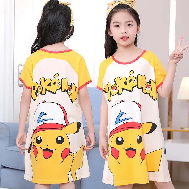 

New Pikachu Pokemon Princess Girl Dress Nightdress Baby Pajamas Cotton Nightgown Kids Home Dress Kids Summer Sleepwear