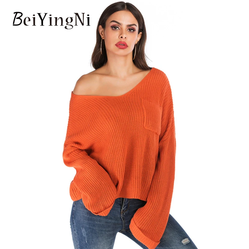 

Beiyingni 2022 Women Solid Sweater V-neck Long Sleeve Backless Pockets Knitting Femme Pullover Autumn Winter Casual Loose Jumper