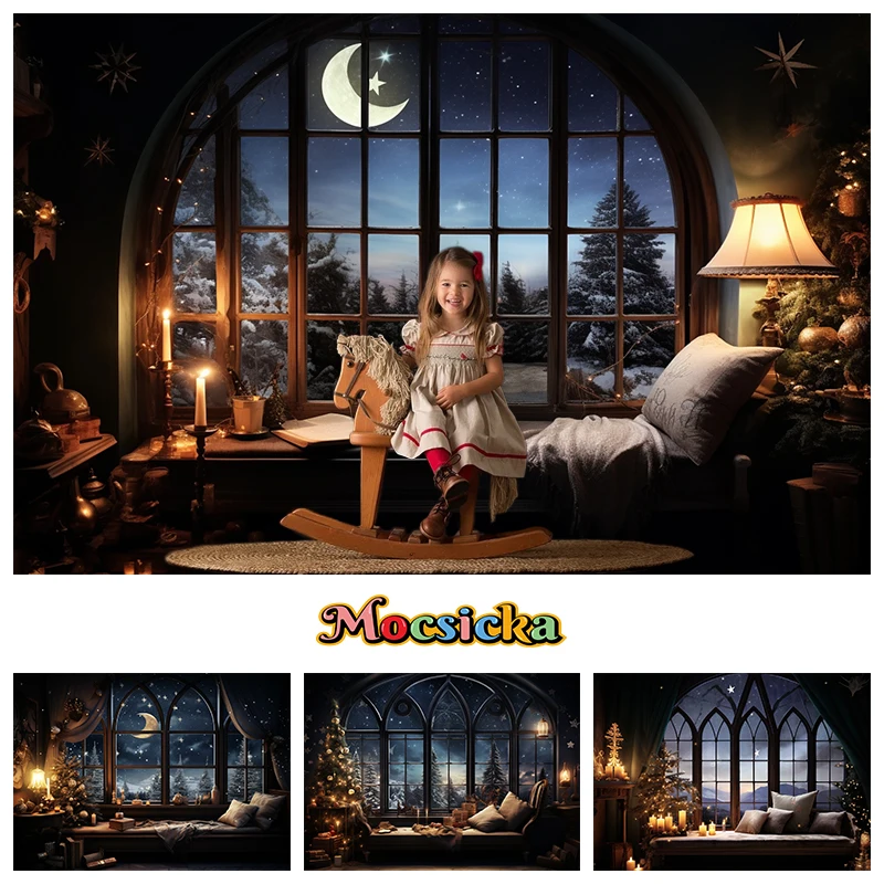 

Mocsicka Indoor Window Photography Backdrop Christmas Decoration Tree Night Bed Lamp Photo Backgrounds Studio Photobooth Props