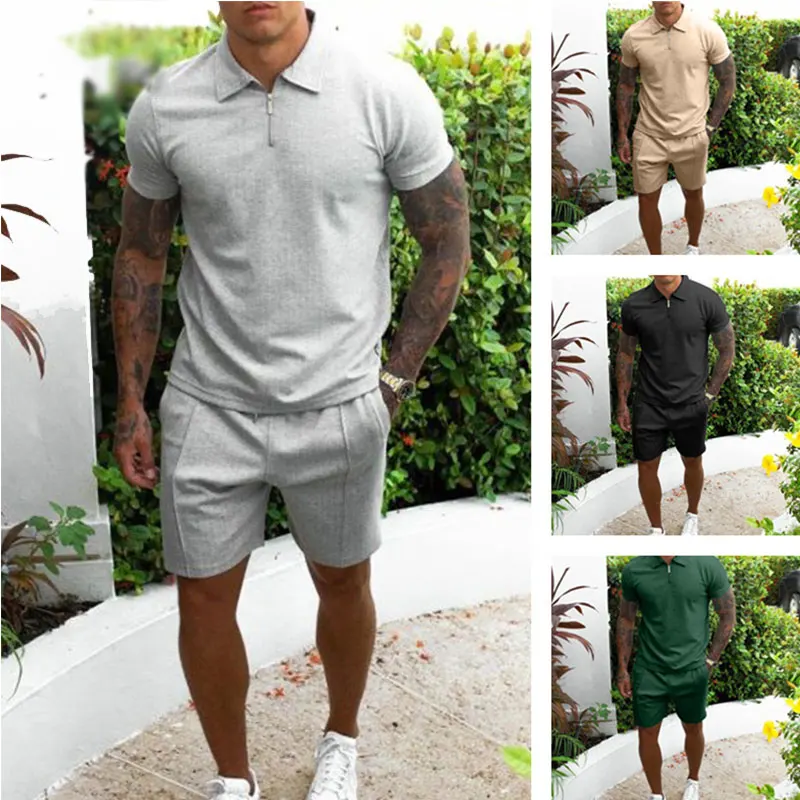 2022 Summer Men's Tracksuit Stripe Solid Color Short Sleeve Zipper Polo Shirt&Shorts Set for Men Casual Streetwear 2-piece Suit