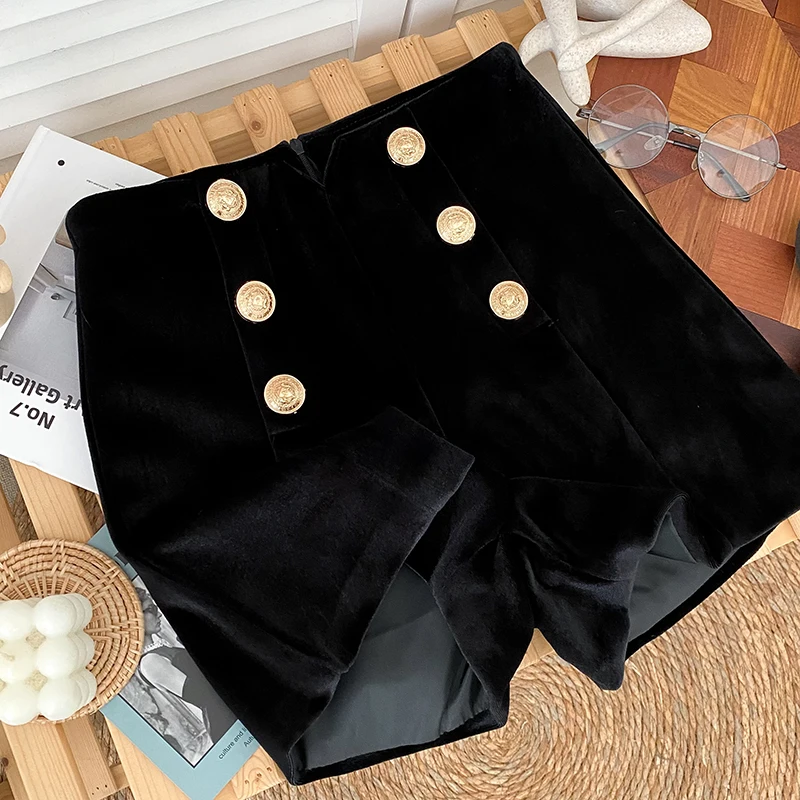 Golden Velvet Black High Waist Shorts For Women Autumn Winter Temperament Double Breasted Wide Leg