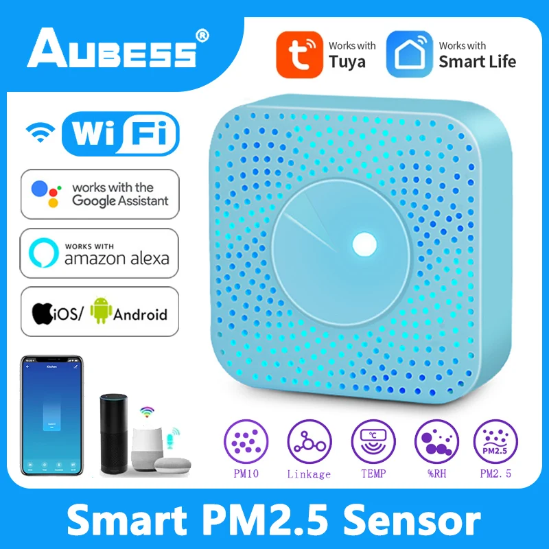 

Датчик качества воздуха Aubess PM2.5 PM10 с Wi-Fi, умный детектор температуры и влажности, домашняя сигнализация для приложения Tuya Smart Life
