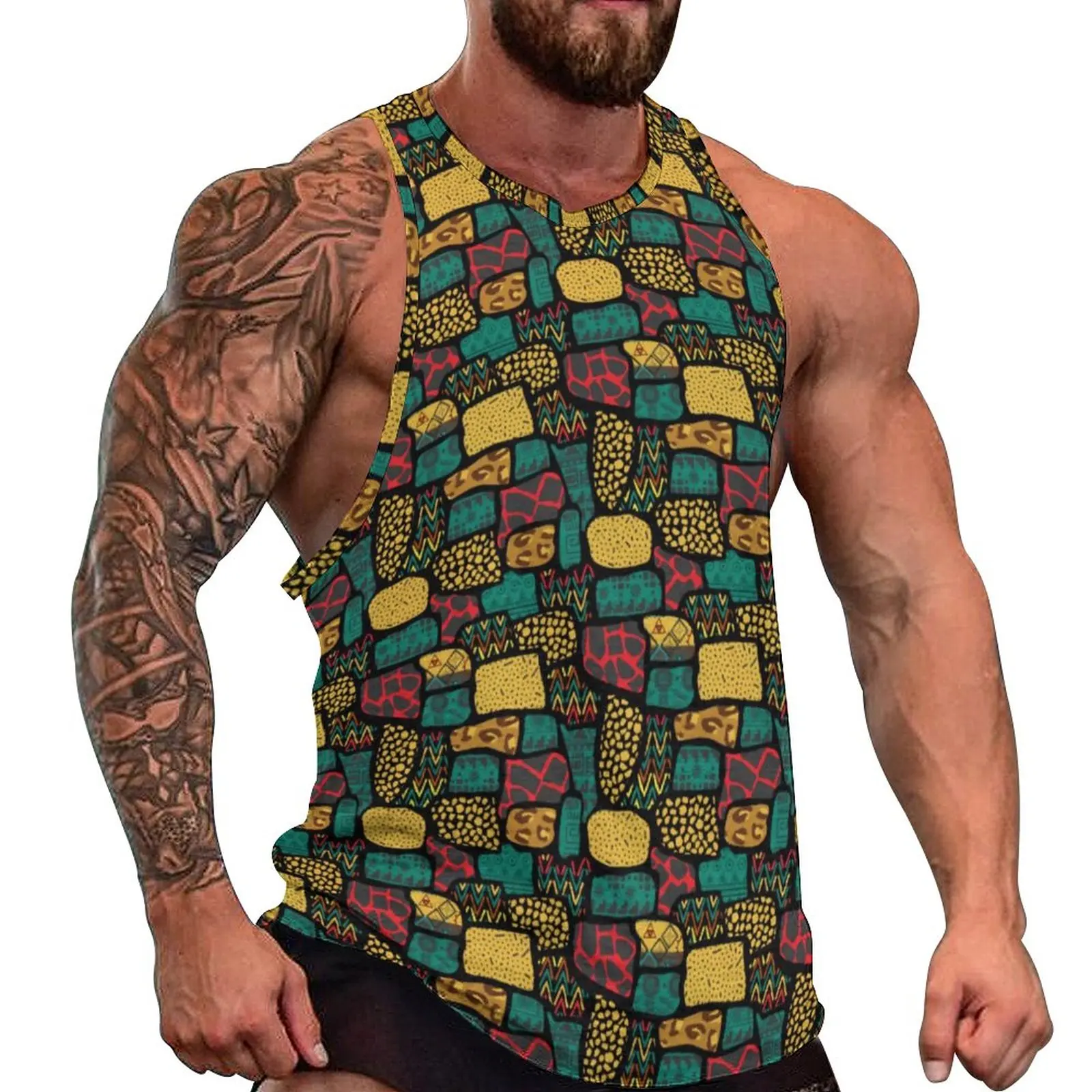

African Print Summer Tank Top Colorful Patchwork Gym Tops Man Graphic Sportswear Sleeveless Shirts Large Size 4XL 5XL