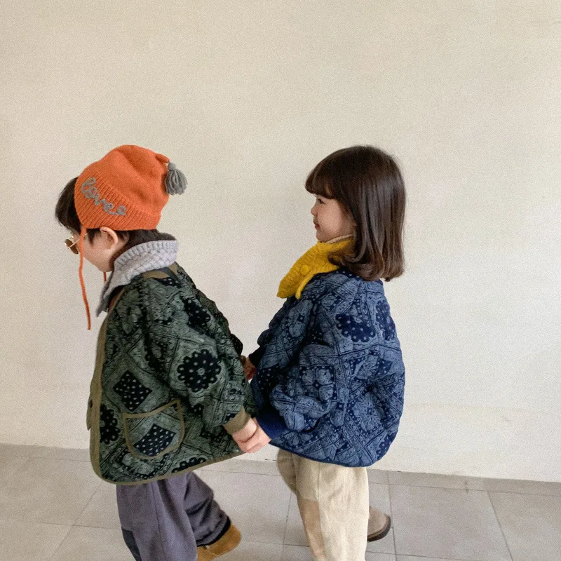 

9160 Children Coat 2021 Autumn New Korean Boy's Retro Cotton Clothes Jackets Girl's Loose Cotton Coat 1-9Year Kid's Coat Outfit