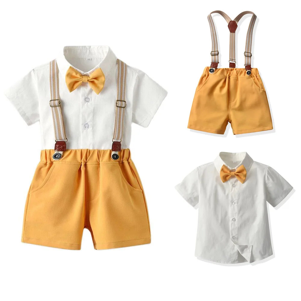 Boys Clothing Summer Cotton Infant Newborn Baby Outfits Romper 2pcs Short Sleeve Shirt +Suspenders Gentleman Suit Boys Sets