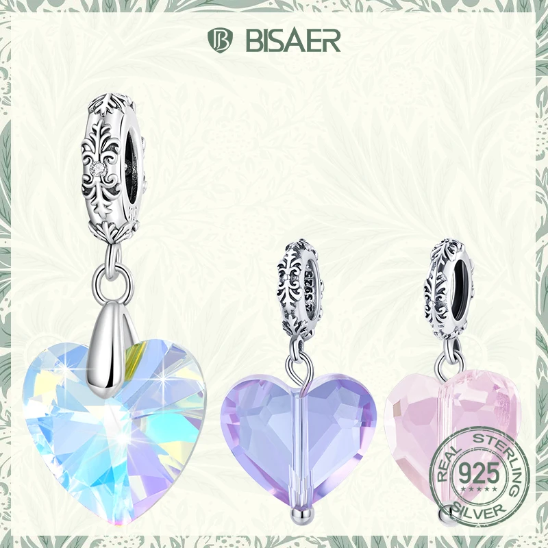 

BISAER 925 Sterling Silver Love Charm Vintage Patterns Glass Heart pendant Bead For Women DIY Bracelets Fine Jewelry EFC602