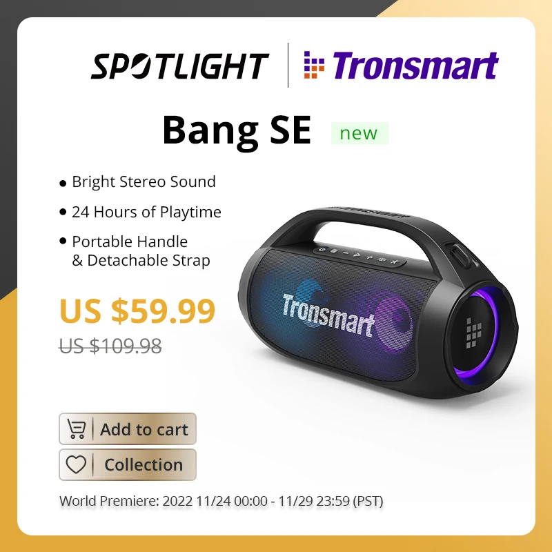 Мощная Портативная колонка Tronsmart Bang SE с Bluetooth 5,3, портативная ручка, 24 часа воспроизведения вечерние, кемпинга - Апрельский топ товаров с Али