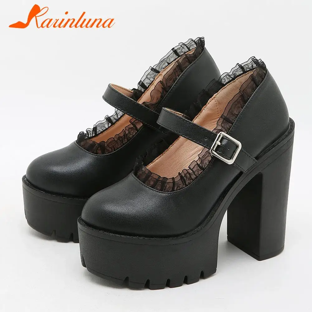 

Karinluna Popular New Mary Janes Square High Heels Round Toe Buckle Strap Platform Black Women Pumps Spring Autumn Ladies Shoes