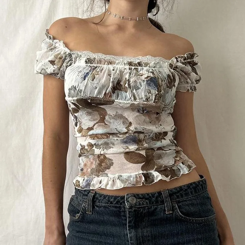 

Auyiufar Elegant Square Neck Cottagecore Milkmaid Blouses Retro Y2k Fairy Grunge Mesh Sexy T-shirts Women Short Sleeve Crop Tops