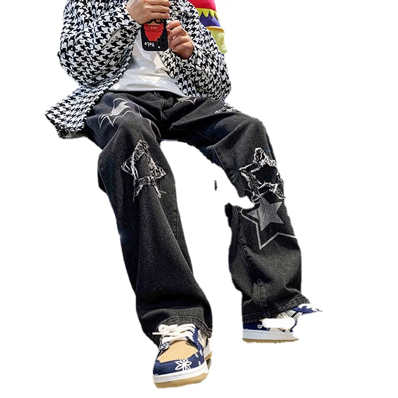 Vintage Women's Men's Korean Denim Pants Y2K Cltohes Streetwear Printed Patchwork Male Baggy Jeans Straight Trousers For Men